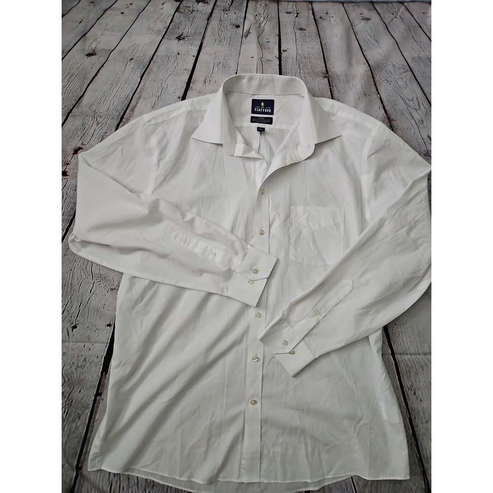 Stafford Men's White Travel Easy-Care Broadcloth Button Down Dress Shirt 17.5 36